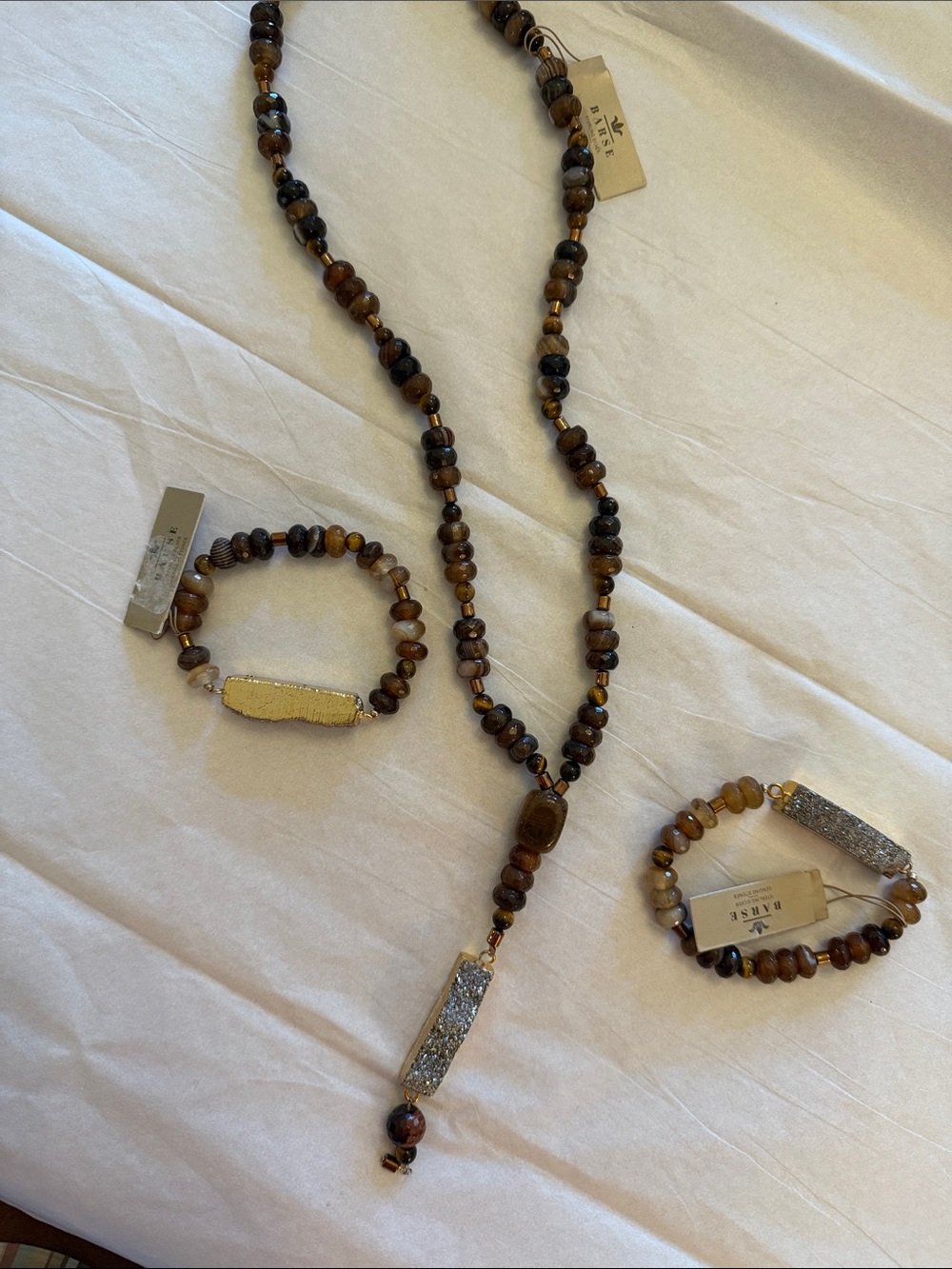 Barse Gemstone Beaded Necklace & Bracelet Set Brown & Gold